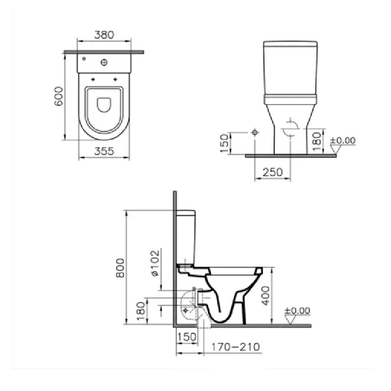 Tehnički crtež VITRA S50 monoblok WC šolje SVS52, širina 38 cm, visina 80 cm, dubina 60 cm