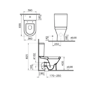 Tehnički crtež VITRA S50 monoblok WC šolje SVS51, širina 38 cm, visina 80 cm, dubina 60 cm