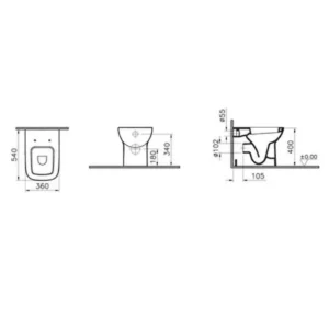 Tehnički crtež VITRA S20 podne back-to-wall WC šolje 5520L003-0075, širina 36 cm, visina 40 cm, dubina 54 cm