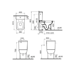 Tehnički crtež VITRA S20 monoblok WC šolje CVS21, širina 36 cm, visina 80 cm, dubina 61,5 cm