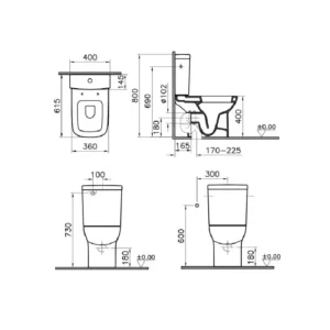 Tehnički crtež VITRA S20 monoblok WC šolje CVS20, širina 36 cm, visina 80 cm, dubina 61,5 cm