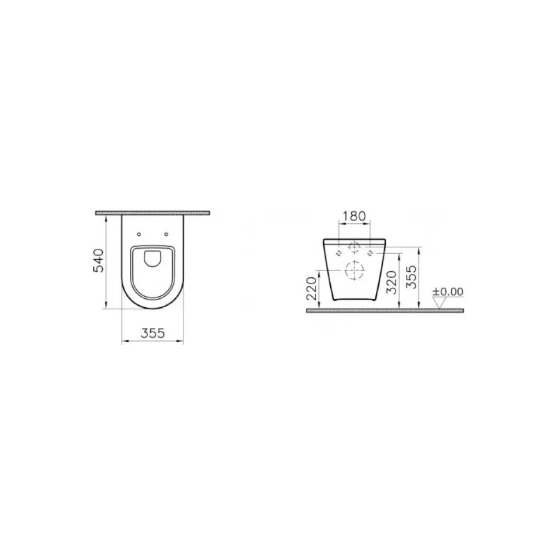 Tehnički crtež VITRA Integra konzolne WC šolje 7060B003-0075, širina 35,5 cm, visina 40 cm, dubina 54 cm
