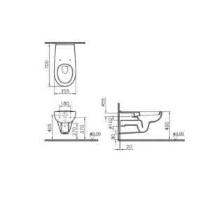 Tehnički crtež VITRA Conforma invalidske konzolne WC šolje 5813B003-0075, širina 35,5 cm, visina 33,5 cm, dubina 70 cm