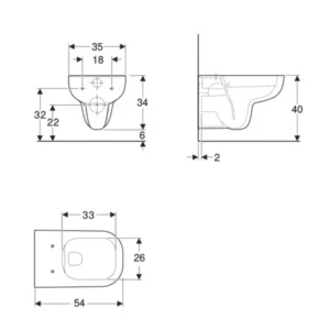 Tehnički crtež GEBERIT Smyle WC šolje konzolne Rimfree 500.210.01.1 sa dimenzijama 35 × 34 × 54 cm za zidnu montažu