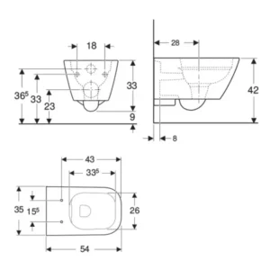Tehnički crtež Geberit Smyle Square WC šolje konzolne Rimfree 500.208.01.1 sa dimenzijama 35 × 33 × 54 cm za zidnu montažu