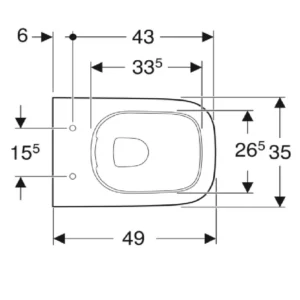 Tehnički crtež Geberit Smyle Square WC šolje konzolne compact 500.379.01.1 sa dimenzijama 35 × 33 × 49 cm za zidnu montažu