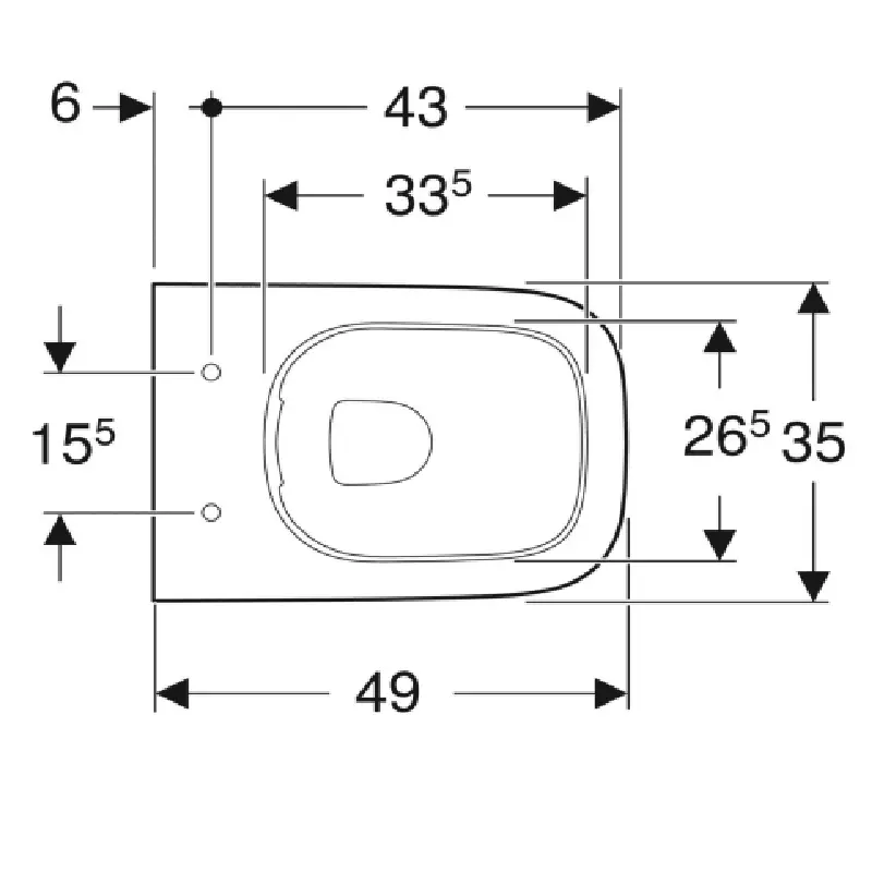 Tehnički crtež Geberit Smyle Square WC šolje konzolne compact 500.379.01.1 sa dimenzijama 35 × 33 × 49 cm za zidnu montažu