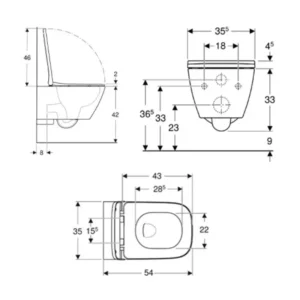 Tehnički crtež Geberit Smyle WC šolje konzolne set 500.683.00.2 sa dimenzijama 35,5 × 37,5 × 54 cm za zidnu montažu