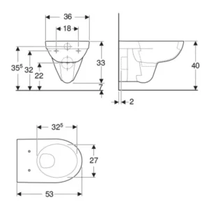 Tehnički crtež Geberit Selnova WC šolje konzolne 500.260.01.1 sa dimenzijama 35,8 × 33,2 × 53 cm za zidnu montažu