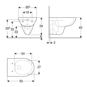 Tehnički crtež Geberit Selnova WC šolje konzolne rimfree 500.265.01.1 sa dimenzijama 35,5 × 33 × 53 cm za zidnu montažu