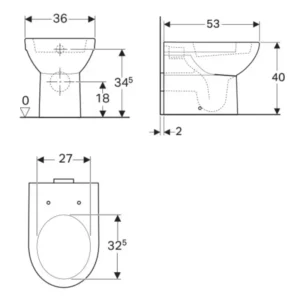 Tehnički crtež Geberit Selnova WC šolje podne back-to-wall 500.286.01.1 sa dimenzijama 36 × 40 × 53 cm i horizontalnim odvodom