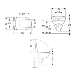 Tehnički crtež Geberit Selnova WC šolje konzolne set 501.752.00.1 sa dimenzijama 36 × 33 × 53 cm za zidnu montažu