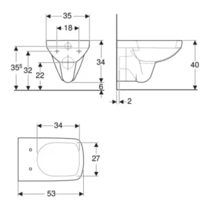Geberit Selnova Square 500.270.01.1 tehnički crtež Tehnički crtež Geberit Selnova Square WC šolje konzolne 500.270.01.1 sa dimenzijama 35 × 34 × 53 cm za zidnu montažu