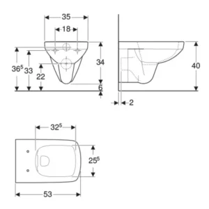Geberit Selnova Square 500.275.01.1 tehnički crtež Tehnički crtež Geberit Selnova Square WC šolje konzolne rimfree 500.275.01.1 sa dimenzijama 35 × 34 × 53 cm za zidnu montažu