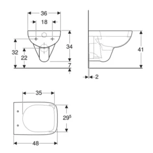 Geberit Selnova Square 500.263.01.1 tehnički crtež Tehnički crtež Geberit Selnova Square WC šolje konzolne compact 500.263.01.1 sa dimenzijama 36 × 34 × 48 cm za zidnu montažu