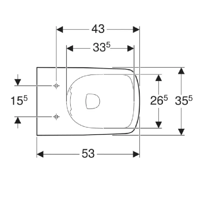 Tehnički crtež Geberit Selnova Square WC šolje podne back-to-wall rimfree 500.153.01.1 sa dimenzijama 35 × 40 × 53 cm