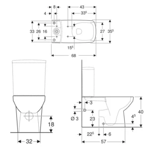 Tehnički crtež Geberit Selnova Square WC šolje za monoblok back-to-wall rimfree 500.489.01.1 sa dimenzijama 35,5 × 40 × 68 cm