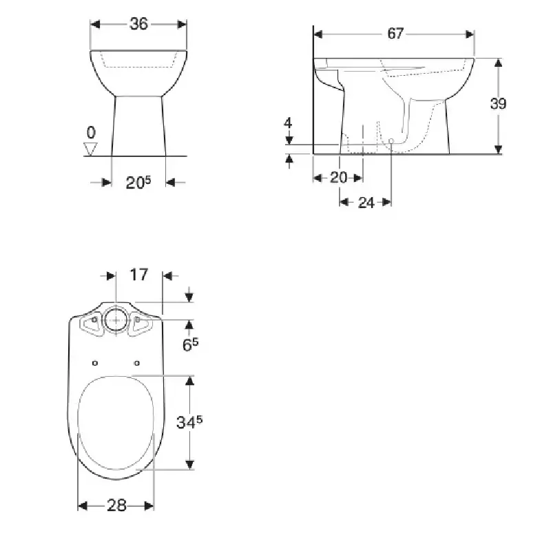 Tehnički crtež Geberit Selnova WC šolje za monoblok vertikalni odvod 500.281.01.1 sa dimenzijama 36 × 39 × 67 cm