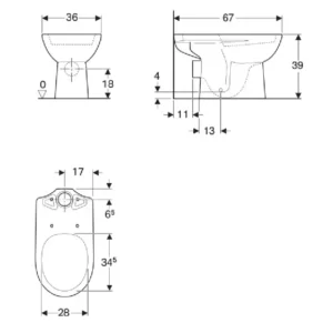 Tehnički crtež Geberit Selnova WC šolje za monoblok horizontalni odvod 500.282.01.1 sa dimenzijama 36 × 39 × 67 cm