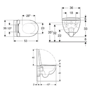 Tehnički crtež Geberit Selnova WC šolje set rimfree 501.750.00.1 sa dimenzijama 36 × 38 × 53 cm