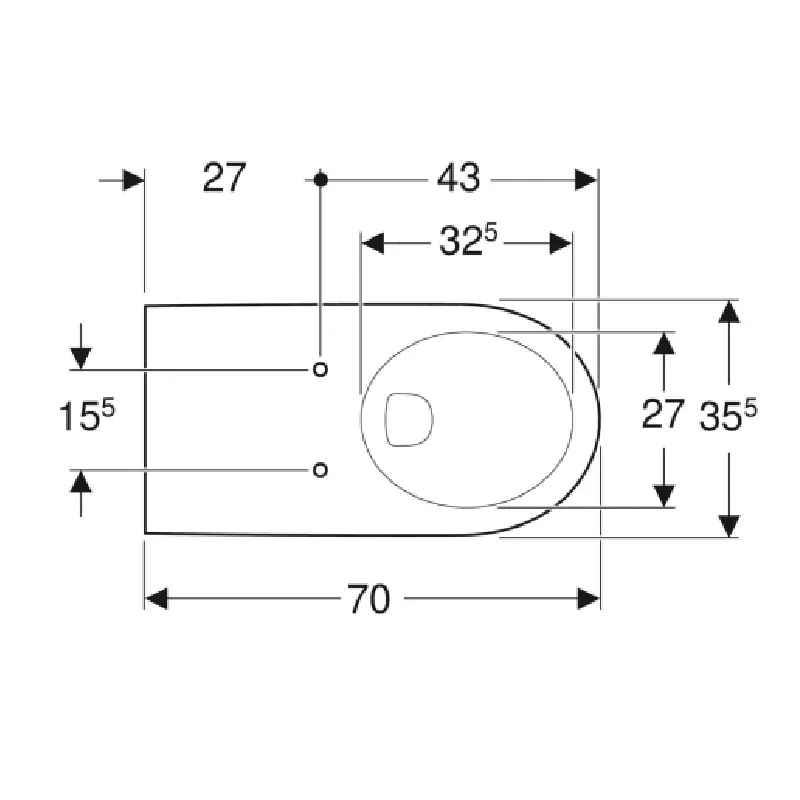 Tehnički crtež Geberit Selnova Comfort WC šolje konzolne 500.261.01.1 sa dimenzijama 35,5 × 34 × 70 cm