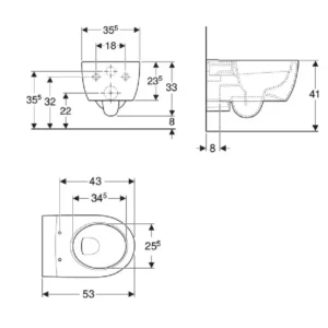Tehnički crtež Geberit iCon WC šolje konzolne rimfree 204060000 sa dimenzijama 35,5 × 33 × 53 cm