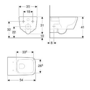 Tehnički crtež Geberit iCon Square WC šolje konzolne rimfree 201950000 sa dimenzijama 35 × 33 × 54 cm