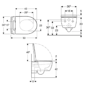 Tehnički crtež Geberit iCon WC šolje set rimfree 500.784.01.1 sa konzolnom montažom i razmakom kačenja 18 cm