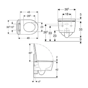 Tehnički crtež Geberit iCon WC šolje compact set rimfree 500.814.00.1 sa dimenzijama 36 × 38 × 49 cm