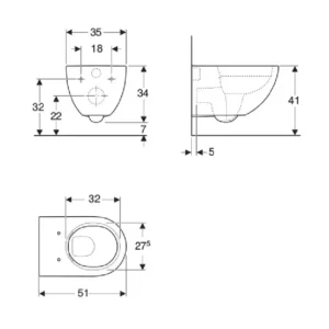 Tehnički crtež Geberit Acanto WC šolje konzolne rimfree 500.600.01.2 sa dimenzijama 35,5 × 34 × 51 cm