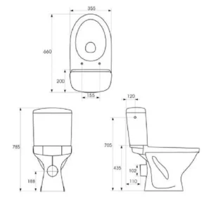 Tehnički crtež CERSANIT Roma monoblok WC šolje Baltik 850000 sa dimenzijama 35,5 × 78,5 × 66 cm