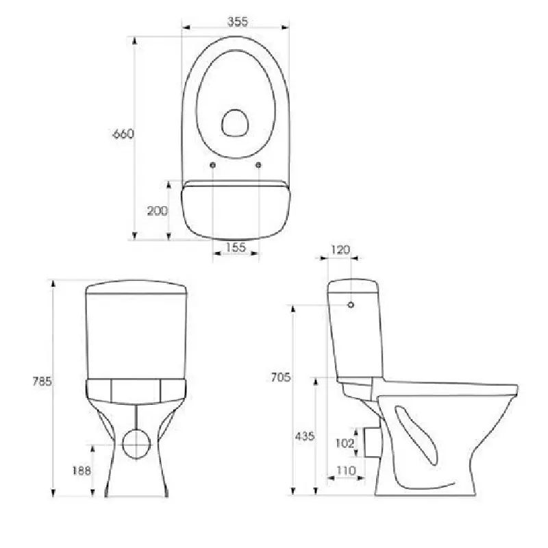Tehnički crtež CERSANIT Roma monoblok WC šolje Baltik 850000 sa dimenzijama 35,5 × 78,5 × 66 cm