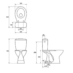Tehnički crtež CERSANIT President monoblok WC šolje Simplon 850214 sa dimenzijama 36,5 × 75 × 64,5 cm