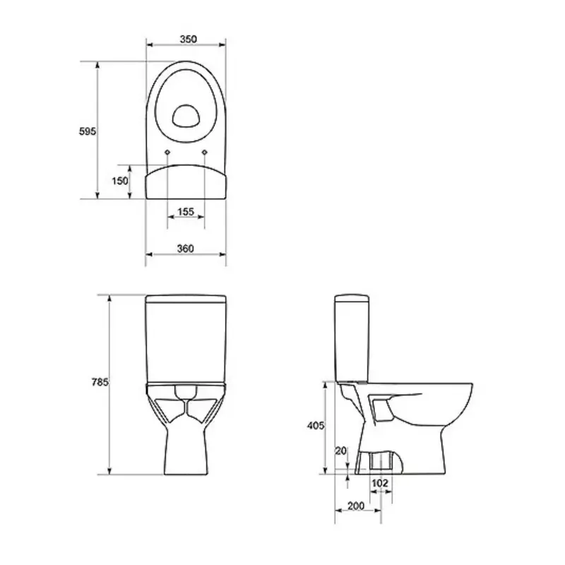 Tehnički crtež CERSANIT Parva monoblok WC šolje Simplon K27004 sa dimenzijama 36 × 78,5 × 59,5 cm