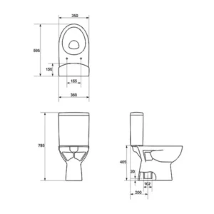 Tehnički crtež CERSANIT Parva monoblok WC šolje Simplon K27003 sa dimenzijama 36 × 78,5 × 59,5 cm