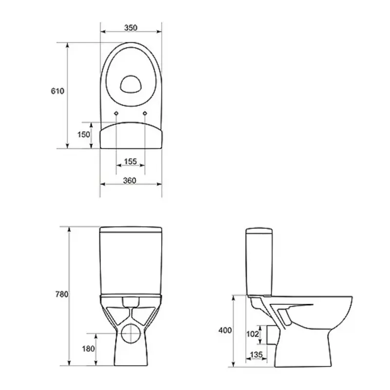 Tehnički crtež CERSANIT Parva monoblok WC šolje baltik K27001 sa dimenzijama 36 × 78 × 59,5 cm
