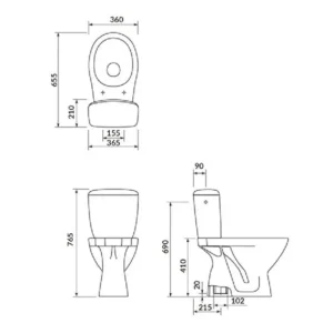 Tehnički crtež CERSANIT Kaskada monoblok WC šolje simplon 850000.6707 sa dimenzijama 36,5 × 76,5 × 65,5 cm