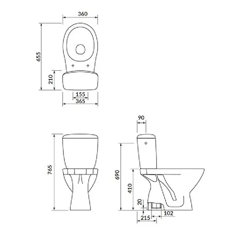 Tehnički crtež CERSANIT Kaskada monoblok WC šolje simplon 850000.6707 sa dimenzijama 36,5 × 76,5 × 65,5 cm