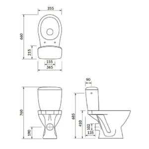 Tehnički crtež CERSANIT Kaskada monoblok WC šolje baltik 850000.6708 sa dimenzijama 36,5 × 76 × 66 cm
