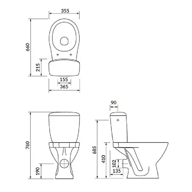 Tehnički crtež CERSANIT Kaskada monoblok WC šolje baltik 850000.6708 sa dimenzijama 36,5 × 76 × 66 cm