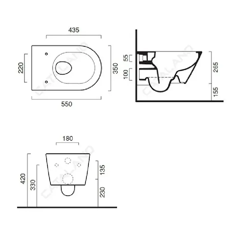 Tehnički crtež CATALANO Zero WC šolje konzolne rimless 55 CT1VS55NR00 sa dimenzijama 35 × 26,5 × 55 cm