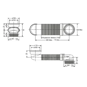Tehnički prikaz BONOMINI odvoda za simplon WC šolju 8620IX10B0 sa opsegom 175–385 mm i priključcima Ø90–110 mm / Ø100–110 mm