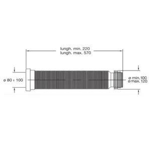 Tehnički prikaz BONOMINI BigMagik odvoda za baltik WC šolju 8250EX55B0 sa dužinom 220–570 mm i priključcima Ø80–110 mm / Ø100–110 mm