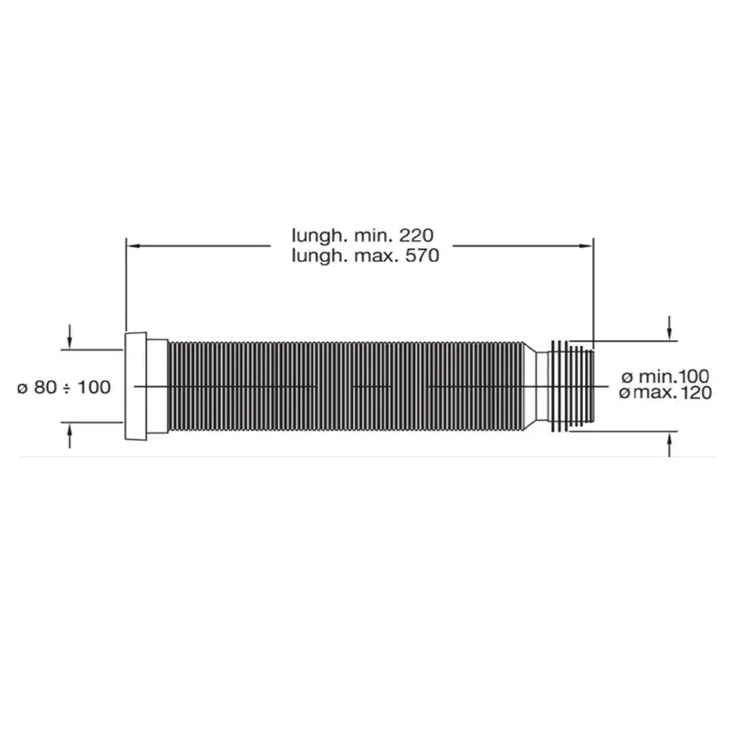 Tehnički prikaz BONOMINI BigMagik odvoda za baltik WC šolju 8250EX55B0 sa dužinom 220–570 mm i priključcima Ø80–110 mm / Ø100–110 mm