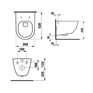 Tehnički crtež LAUFEN Pro WC šolje konzolne rimless 2096.6 sa dimenzijama 36 × 34 × 53 cm