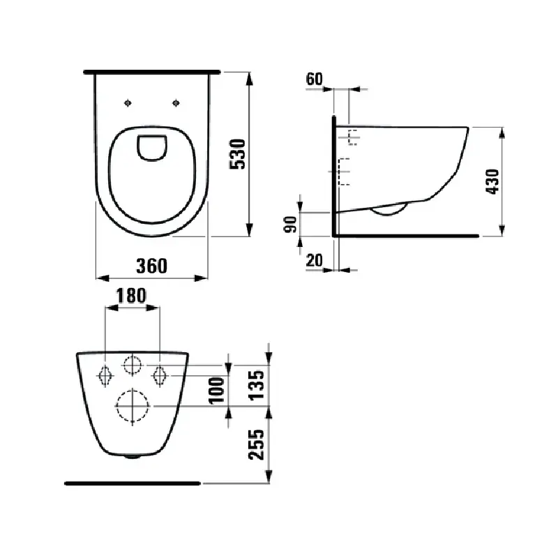Tehnički crtež LAUFEN Pro WC šolje konzolne rimless 2096.6 sa dimenzijama 36 × 34 × 53 cm