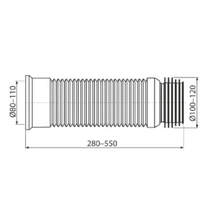 Tehnički crtež ALCA Alcadrain odvoda za baltik WC šolju A97 sa dužinom 280–550 mm i priključcima Ø80–110 mm / Ø100–120 mm