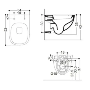 Tehnički crtež AXA Wild WC šolje konzolne rimless 3006001 sa dimenzijama 34 × 35 × 52 cm