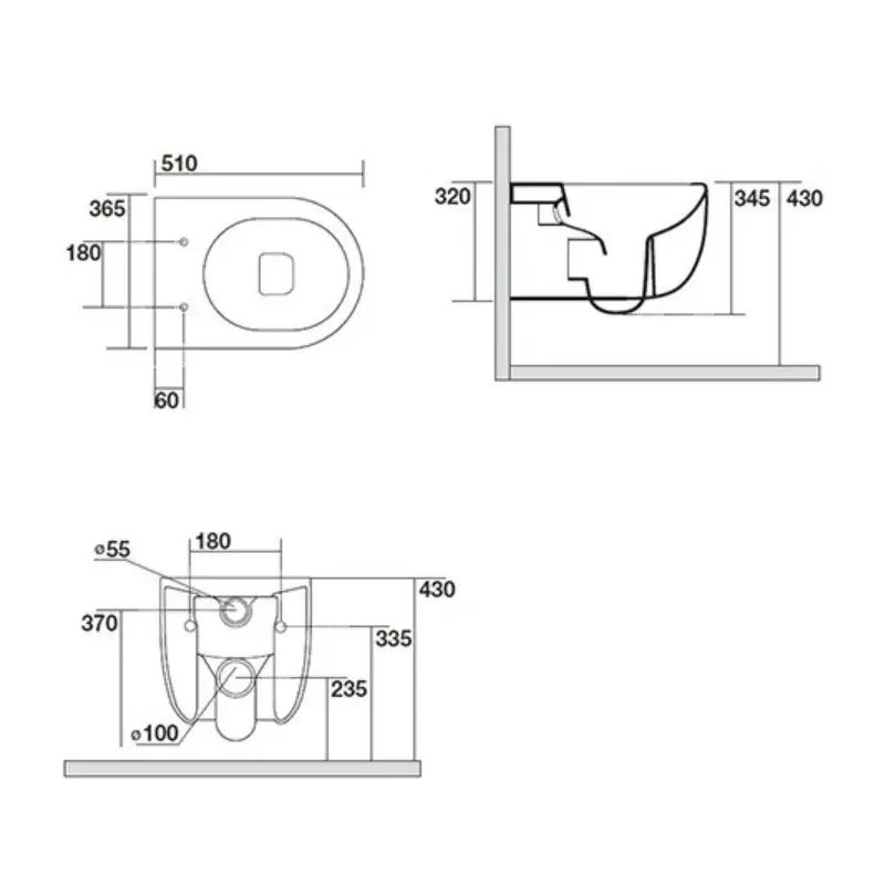 Tehnički crtež AXA Glomp WC šolje konzolne rimless 0201010 sa dimenzijama 36,5 × 34,5 × 51 cm