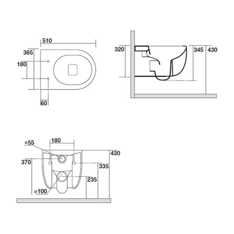 Tehnički crtež AXA Glomp WC šolje konzolne rimless 0201007 sa dimenzijama 36,5 × 34,5 × 51 cm